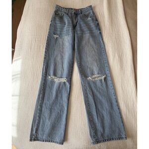 Edikted High Rise Wide Leg Distressed Jeans Light Denim Sz 4/5 Baggy Y2K Skater